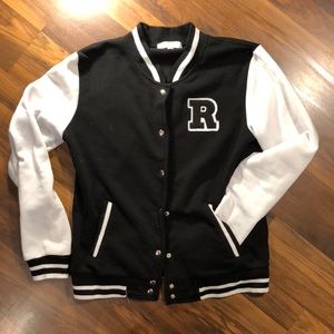 black and white varsity fleece jacket